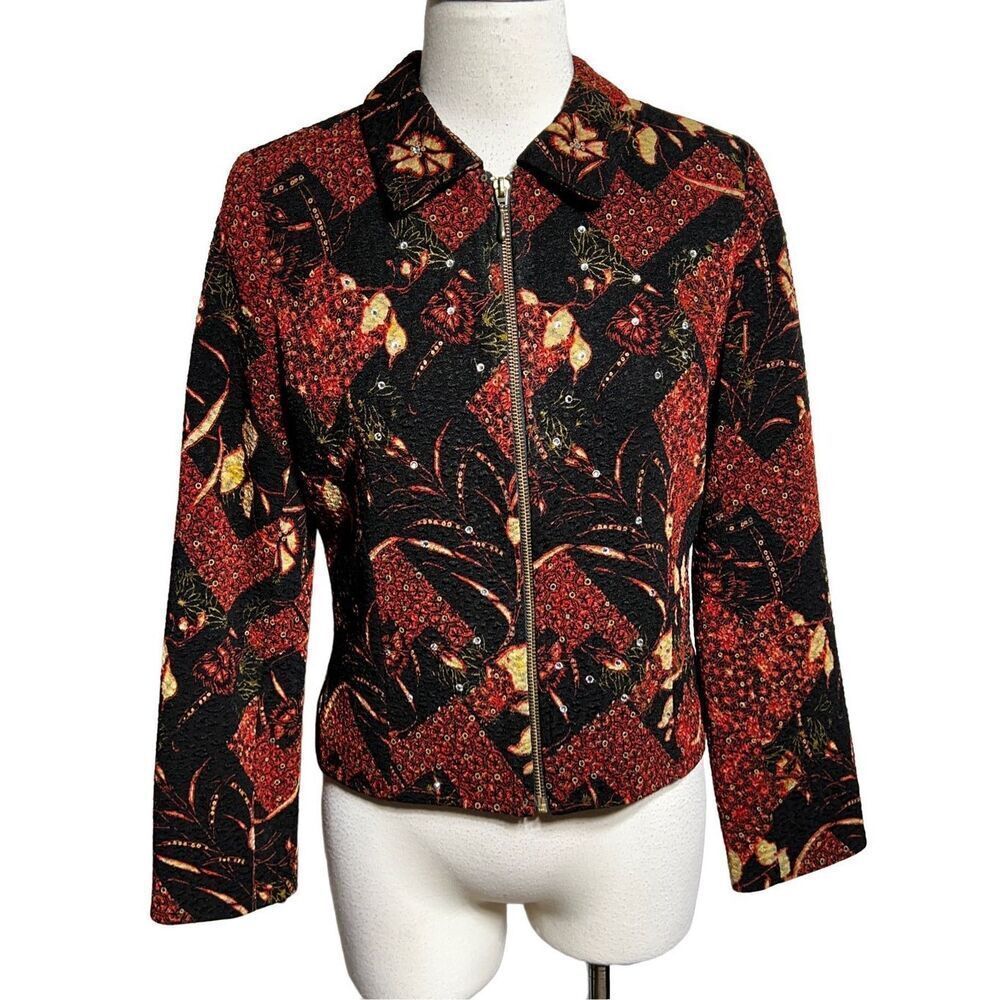 Lorizoni Silk Jacket Women Small Black Rust Floral Tapestry Zip Blazer Embellish